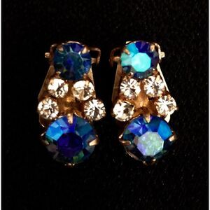 Vintage Aurora Borealis Iridescent Blue Crystal Clip-on Earrings, 50's Era